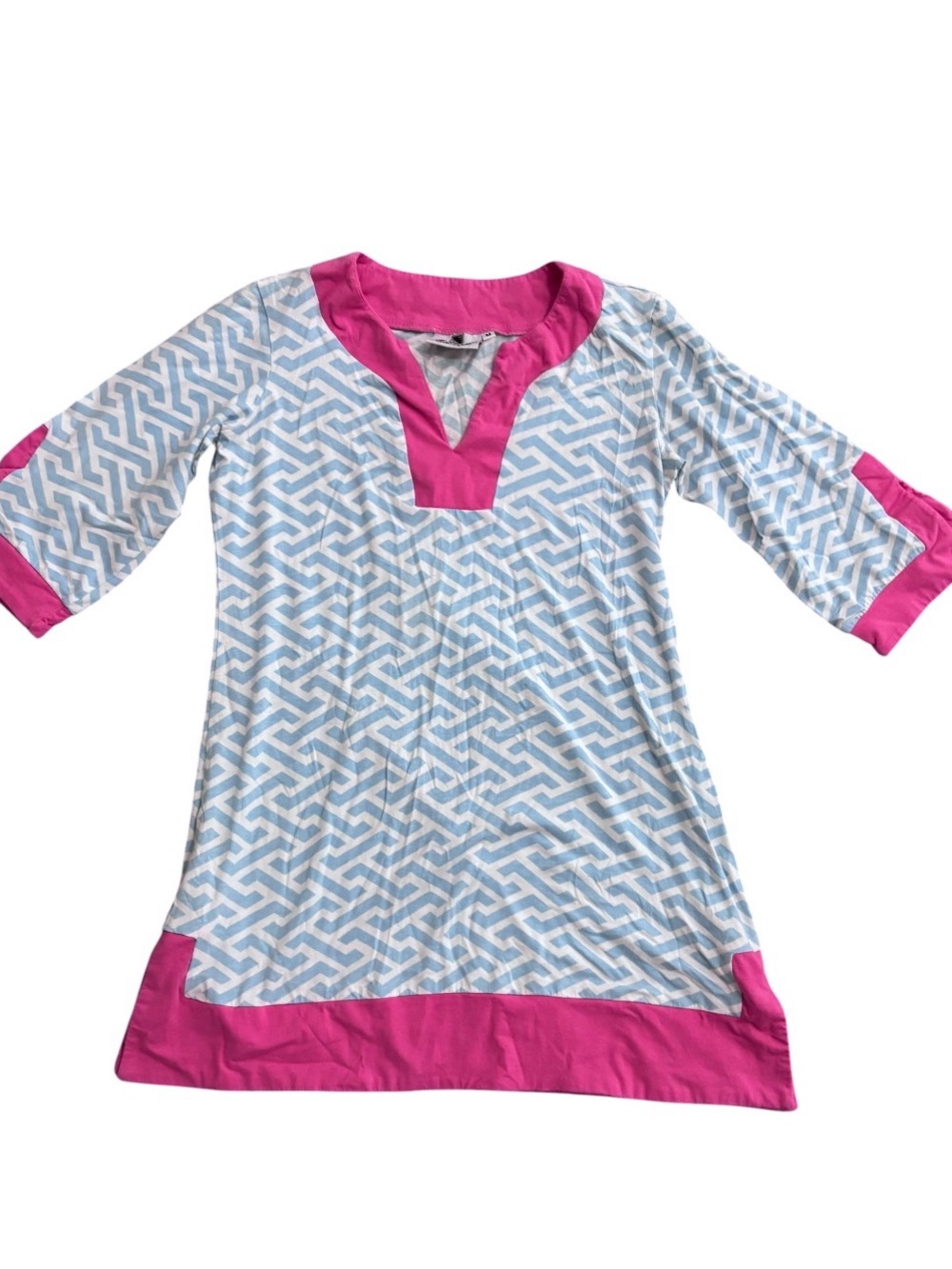 Pink-Trim Blue Geo Print Tunic Dress